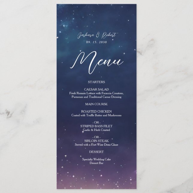 Celestial Starry Night Wedding Menu Card (Front)