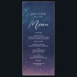 Celestial Starry Night Wedding Menu Card<br><div class="desc">Set the tone for a magical dining experience with this elegant celestial wedding menu card. Featuring a dreamy navy and violet starry night sky background, this menu beautifully lists your starters, entrees, and desserts in a romantic and stylish layout. Perfect for stargazing, cosmic, and night-sky themed weddings, this design adds...</div>