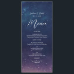 Celestial Starry Night Wedding Menu Card<br><div class="desc">Set the tone for a magical dining experience with this elegant celestial wedding menu card. Featuring a dreamy navy and violet starry night sky background, this menu beautifully lists your starters, entrees, and desserts in a romantic and stylish layout. Perfect for stargazing, cosmic, and night-sky themed weddings, this design adds...</div>