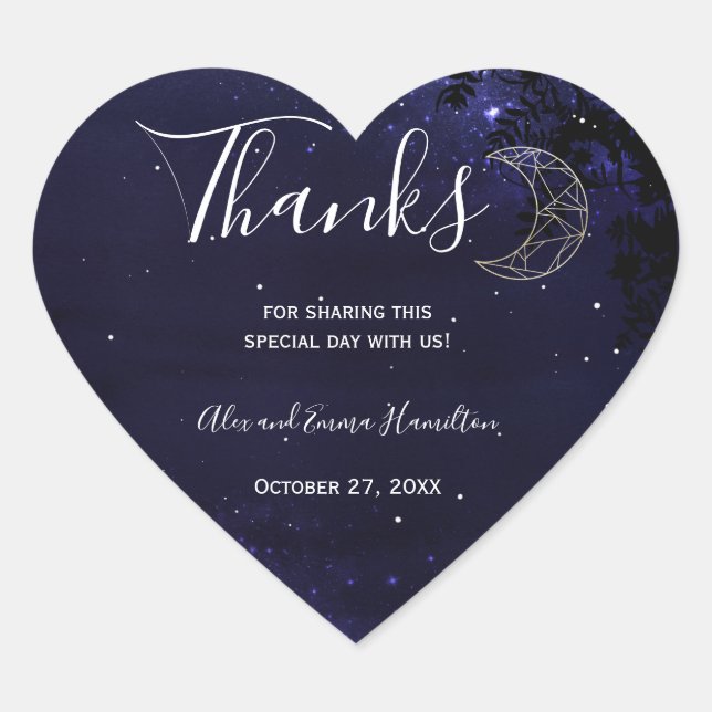 Celestial Starry Night with Gold Moon Wedding Heart Sticker (Front)