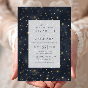 Celestial Starry Sky Midnight Blue Gold Wedding Invitation