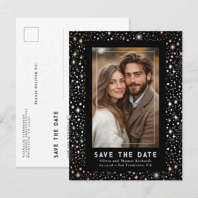 Celestial Stars Black Wedding Save The Date Photo Announcement Postcard (Front/Back)