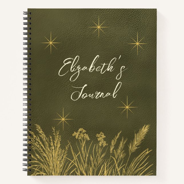 Celestial Stars Casual Script Personalised Green Notebook (Front)