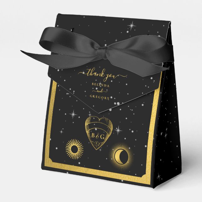 Celestial Stars Crescent Moon Black Gold Wedding Favour Box (Front Side)