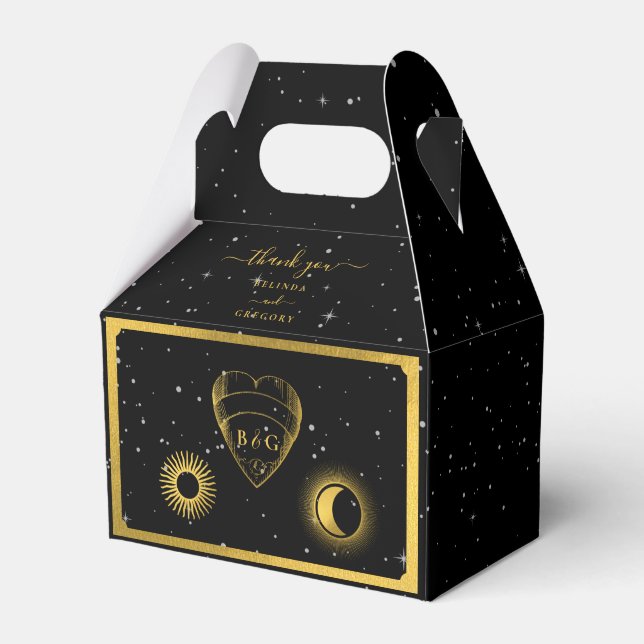 Celestial Stars Crescent Moon Black Gold Wedding Favour Box (Front Side)
