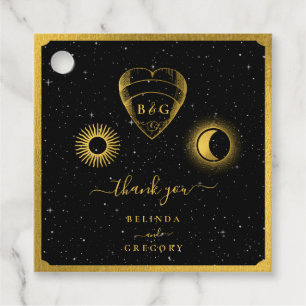 Celestial Stars Crescent Moon Black Gold Wedding Favour Tags
