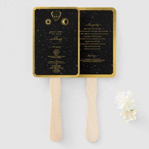 Celestial Stars Crescent Moon Black Gold Wedding Hand Fan