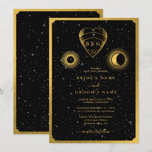Celestial Stars Crescent Moon Black Gold Wedding Invitation