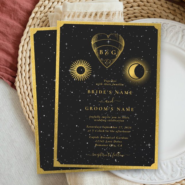 Celestial Stars Crescent Moon Black Gold Wedding Invitation (Celestial Stars Crescent Moon Black Gold Wedding Invitation)
