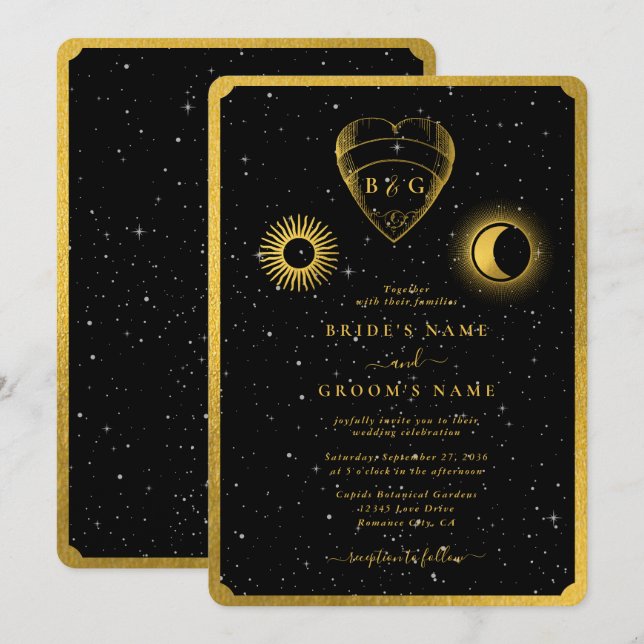 Celestial Stars Crescent Moon Black Gold Wedding Invitation (Front/Back)