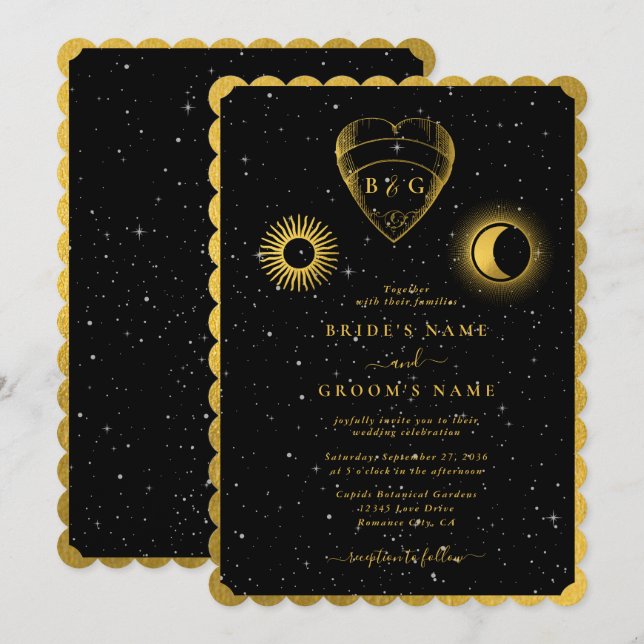 Celestial Stars Crescent Moon Black Gold Wedding Invitation (Front/Back)