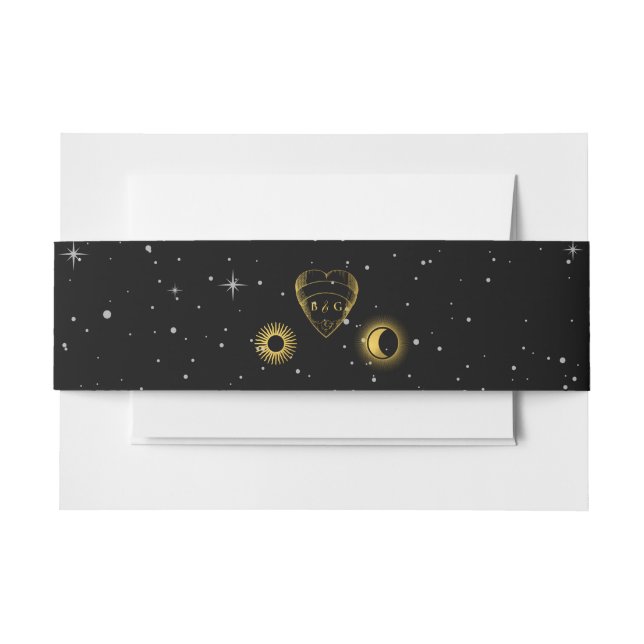 Celestial Stars Crescent Moon Black Gold Wedding Invitation Belly Band (Front Example)