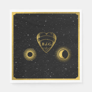 Celestial Stars Crescent Moon Black Gold Wedding Napkin