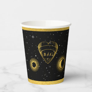Celestial Stars Crescent Moon Black Gold Wedding Paper Cups