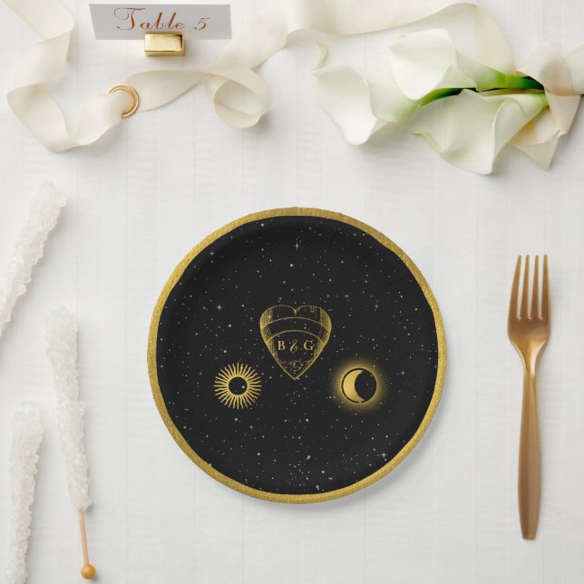 Celestial Stars Crescent Moon Black Gold Wedding Paper Plate (Wedding)