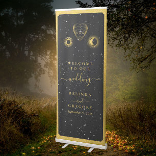 Celestial Stars Crescent Moon Black Gold Wedding Retractable Banner