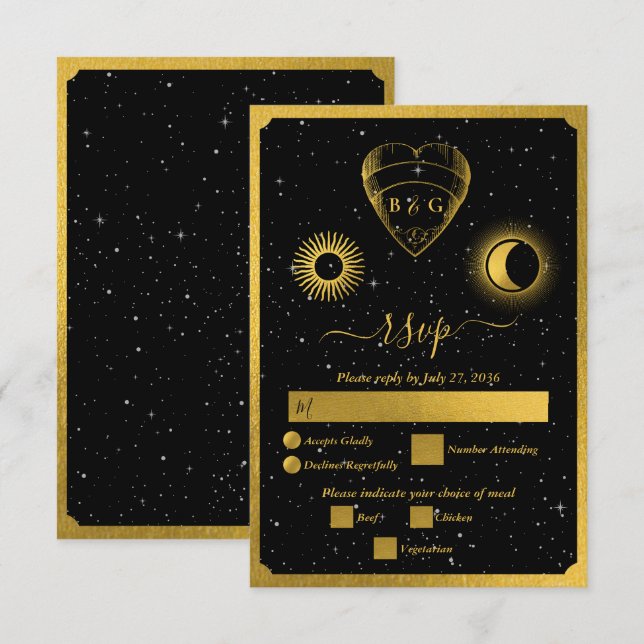 Celestial Stars Crescent Moon Black Gold Wedding RSVP Card (Front/Back)