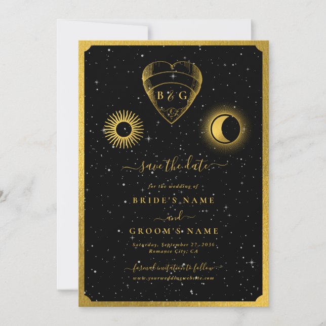 Celestial Stars Crescent Moon Black Gold Wedding Save The Date (Front)