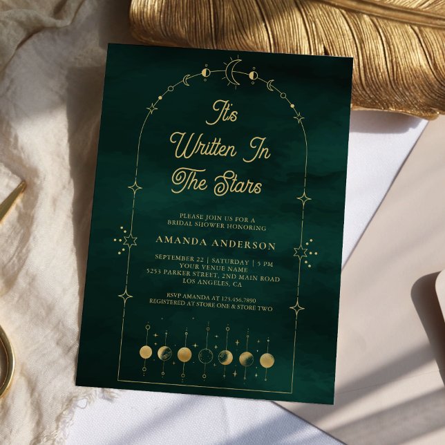 Celestial Stars Emerald Gold Moon Bridal Shower Invitation (Creator Uploaded)