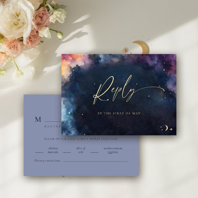 Celestial Stars Midnight Blue Meal Wedding RSVP (celestial wedding rsvp meal card cosmic watercolor starry night sky galaxy universe navy blue gold)