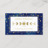 Celestial Stars Moon Phase Navy Blue Gold Business Card (Front)