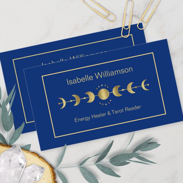 Celestial Stars Moon Phase Navy Blue Gold Business Card (Creator Uploaded)