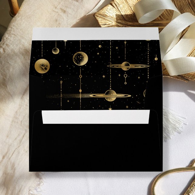 Celestial Stars Moon Planets Black Gold Wedding Envelope (Creator Uploaded)