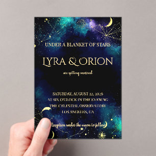 Celestial Stars Navy Teal Gold Galaxy Wedding Acrylic Invitations
