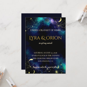 Celestial Stars   Navy Teal Gold Galaxy Wedding Invitation