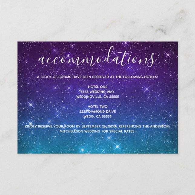 Celestial Stars Script Wedding Accommodations Enclosure Card (Front)