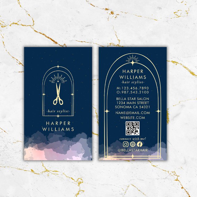 Celestial Stars Tarot Hair Stylist Salon QR Code Business Card (Creator Uploaded)