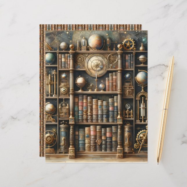 Celestial Steampunk Library Scrapbook Paper (Front/Back In Situ)