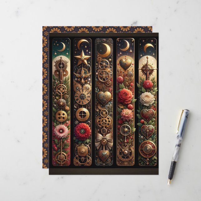 Celestial Steampunk Valentines Scrapbook Paper (Front/Back In Situ)