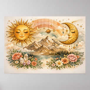 Celestial Sun and Moon Boho Floral Poster