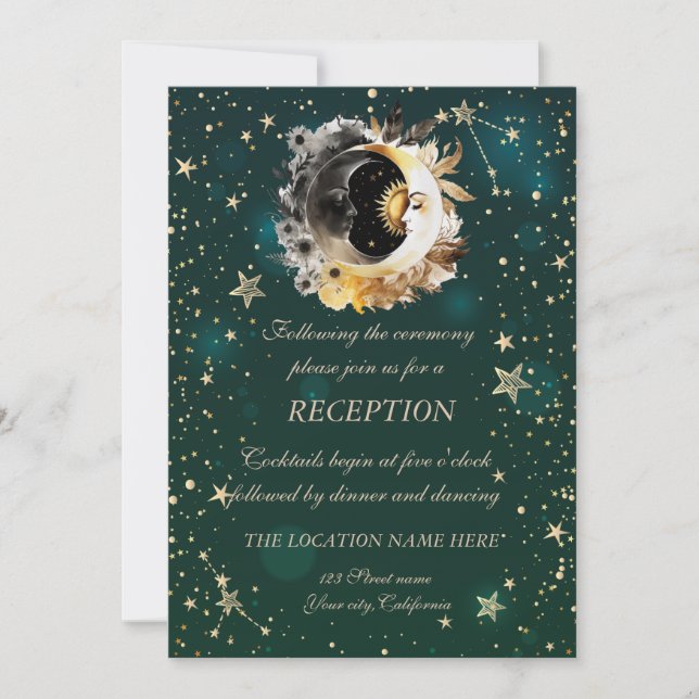 Celestial Sun And Moon Flowers Stars Green Invitation (Front)