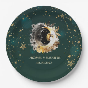 Celestial Sun And Moon Flowers Stars Green Paper Plate