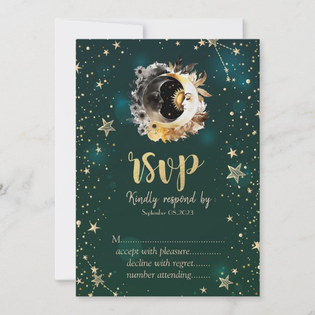 Celestial Sun And Moon Flowers Stars Green RSVP   Invitation (Front)