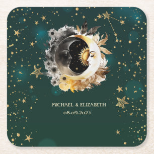 Celestial Sun And Moon Flowers Stars Green Square Paper Coaster