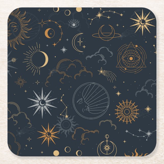 Celestial Sun and Moon Mystical Elements Square Paper Coaster (Front)