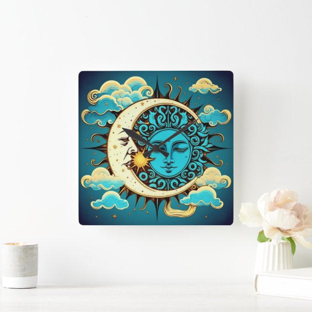 Celestial Sun and Moon Square Wall Clock (Home)