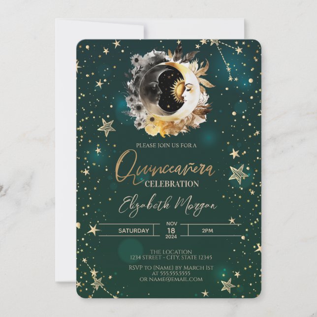 Celestial Sun And Moon Stars Green Quinceanera Invitation (Front)