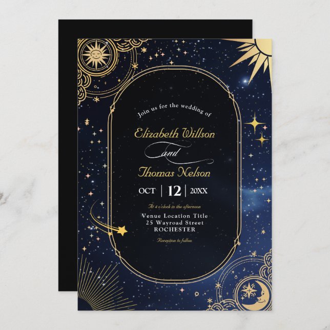 Celestial sun and moon wedding invitation (Front/Back)
