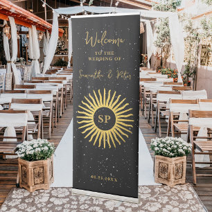 Celestial Sun Black & Gold Stars Wedding Welcome  Retractable Banner