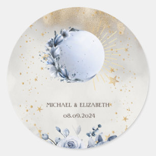 Celestial Sun,Blue Moon Flowers,Stars Night Sky Classic Round Sticker