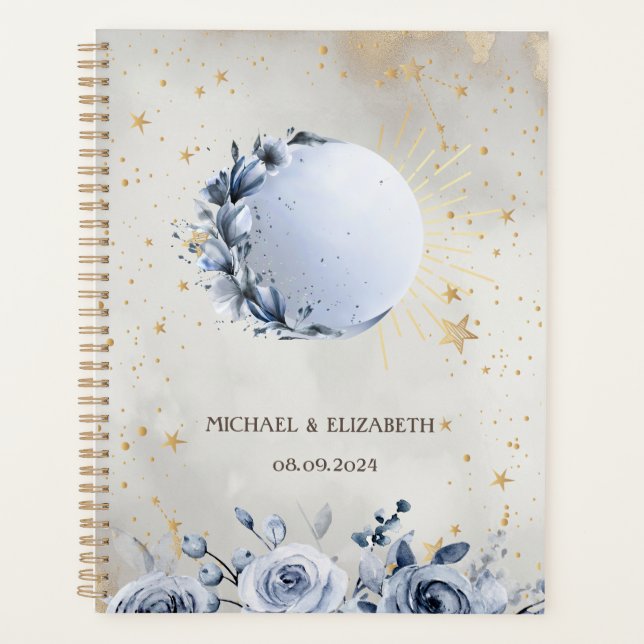 Celestial Sun,Blue Moon Flowers,Stars Night Sky Planner (Front)