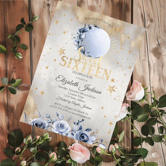 Celestial Sun,Blue Moon Roses Stars Sweet 16 Invitation (Creator Uploaded)