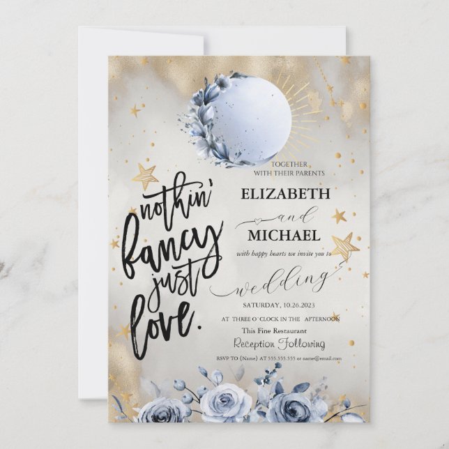 Celestial Sun,Blue Moon Roses Stars Wedding  Invitation (Front)