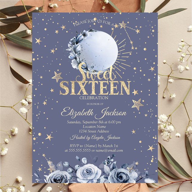 Celestial Sun,Blue Moon Stars Pastel Sweet 16 Invitation (Creator Uploaded)