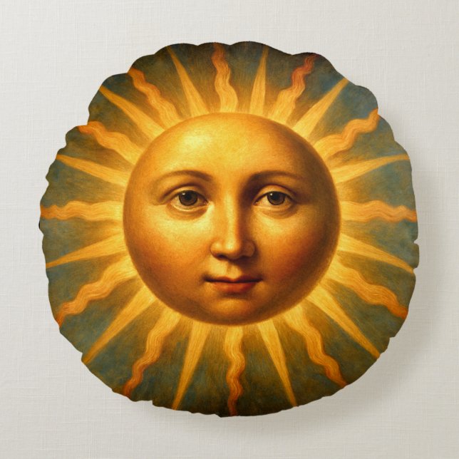 Celestial Sun & Crescent Moon Face Round Cushion (Front)