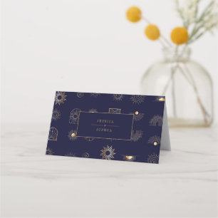 Celestial Sun Crescent Moon Golden Navy  Place Card